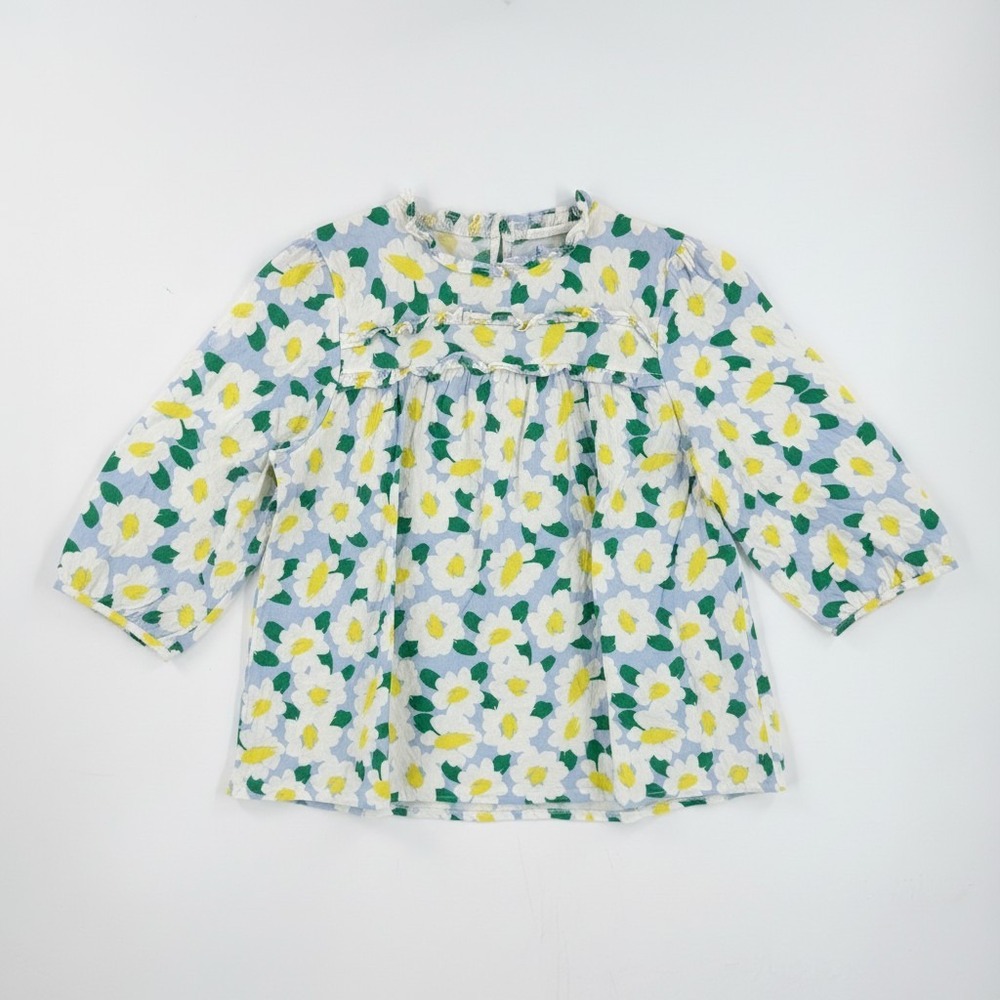 Michelle McDowell Floral Ruffle Peplum Blouse Blue White Rayon Blend Top L